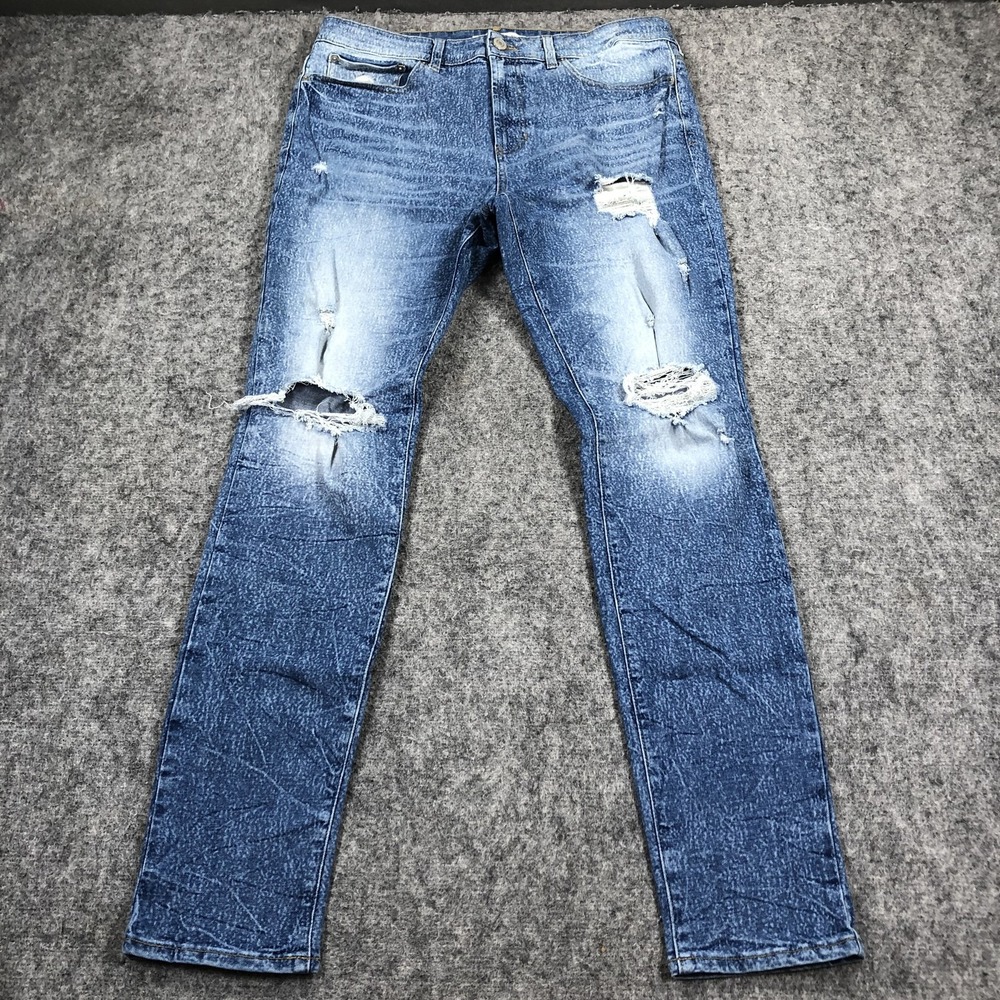 PacSun Stacked Skinny Jeans Mens 34x32 Blue Acid Wash Distressed Stretch Denim